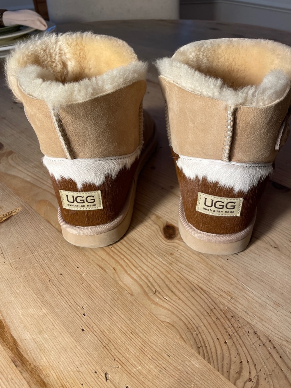 UGG Rare Cowhide Calf Hair Mini Bailey Button Shearling Boots Chestnut